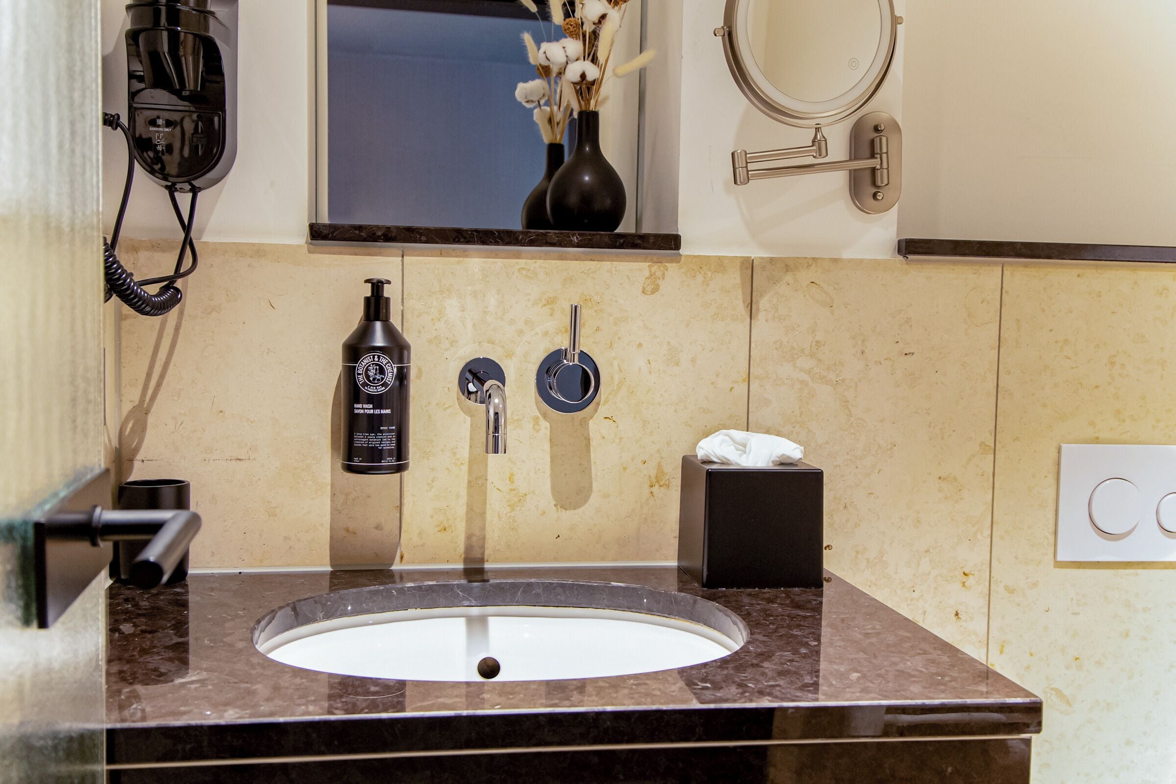 hydromassage showerhead, designer toiletries, hair dryer, towels