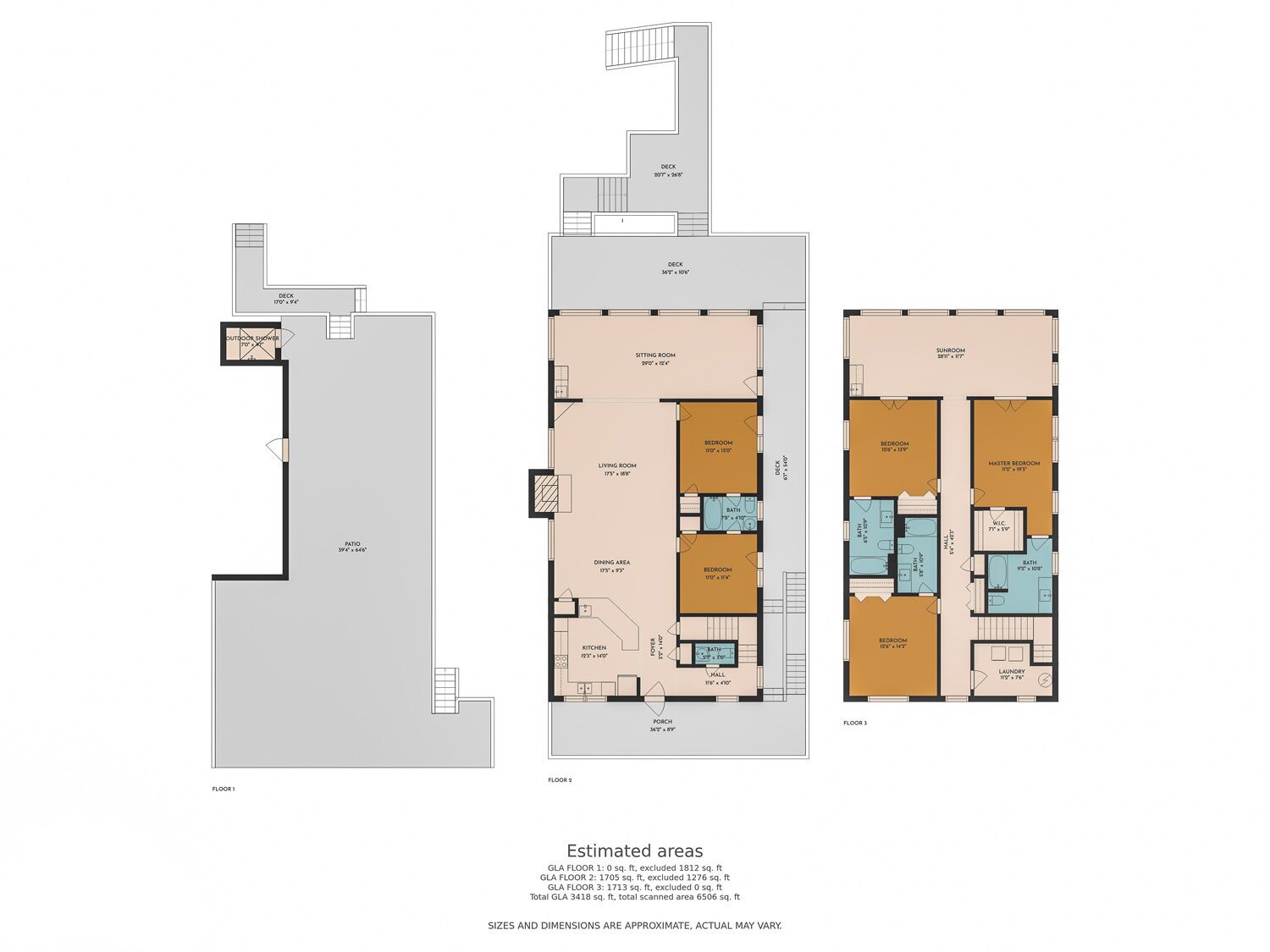 A floor plan of a multi-story building with various rooms including bedrooms, a sitting room, and a dining area.