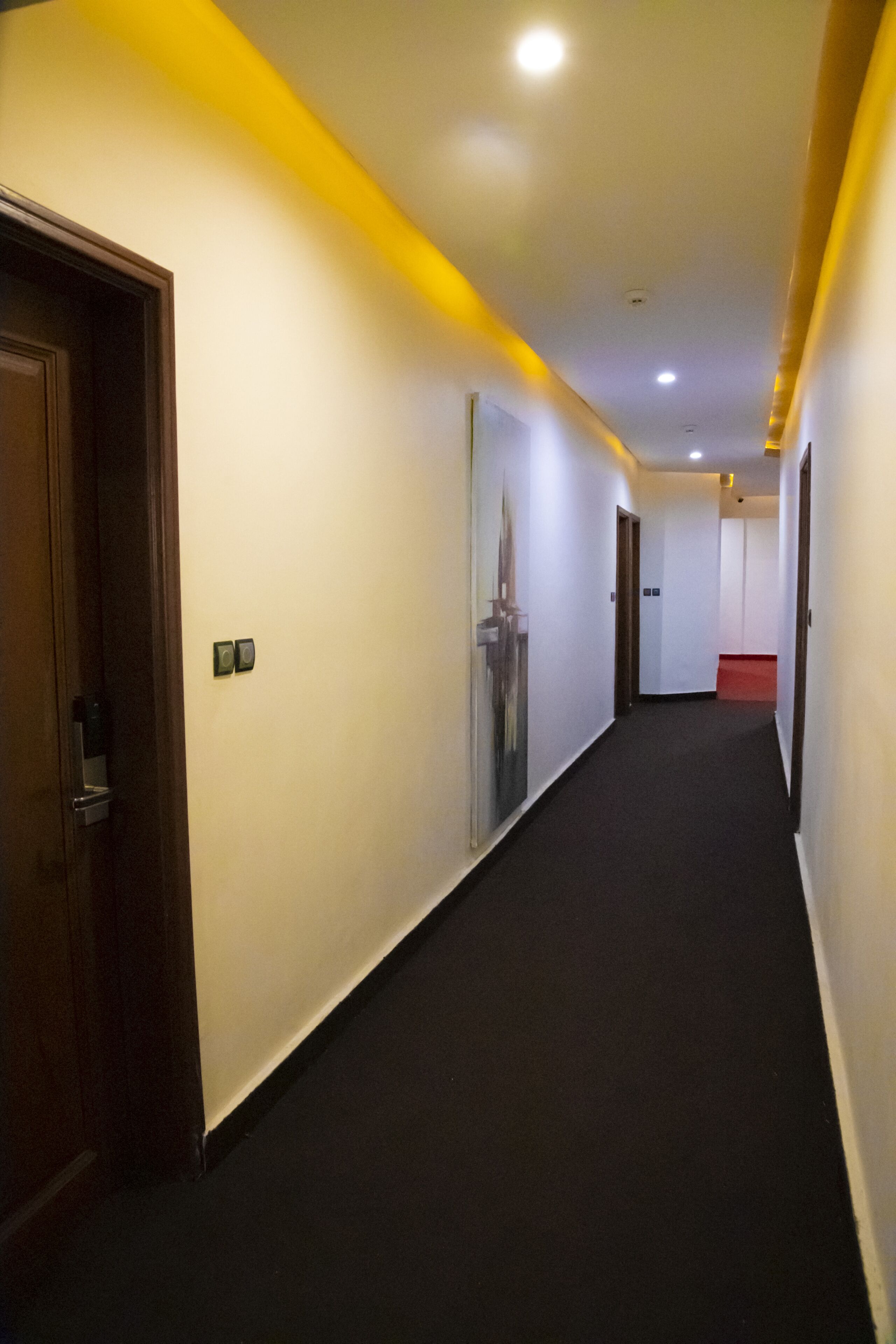 A long, narrow hallway with a dark carpet, white walls, and a wooden door on the left.