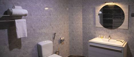 A modern bathroom with a toilet, sink, and mirror.