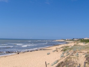 A sandy beach with gentle waves, a clear sky, and sparse vegetation.