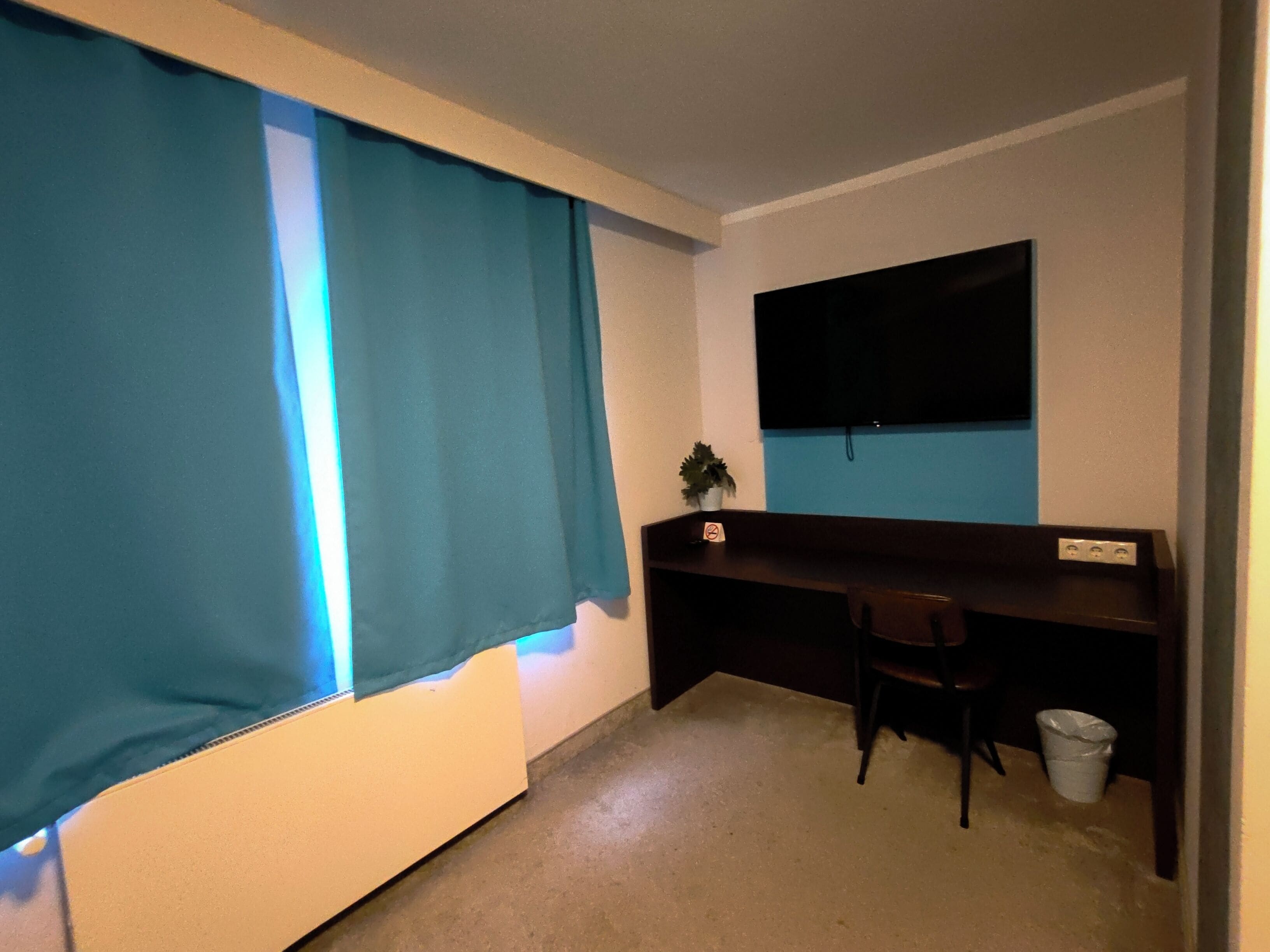 Een kamer met een bed, bureau, stoel, televisie en een kleine plant.
