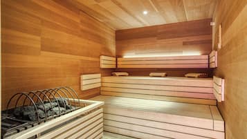 A sauna with wooden benches and a stone basin.