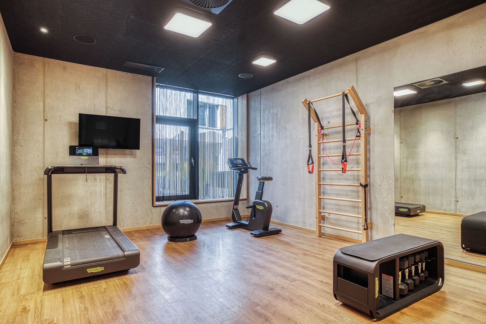 Ein Fitnessraum mit Laufband, Ergometer, Übungsball, Klimmzugstange und einem Fernseher an der Wand.