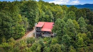 Une cabane à deux étages, avec un toit rouge, entourée d’une forêt dense.