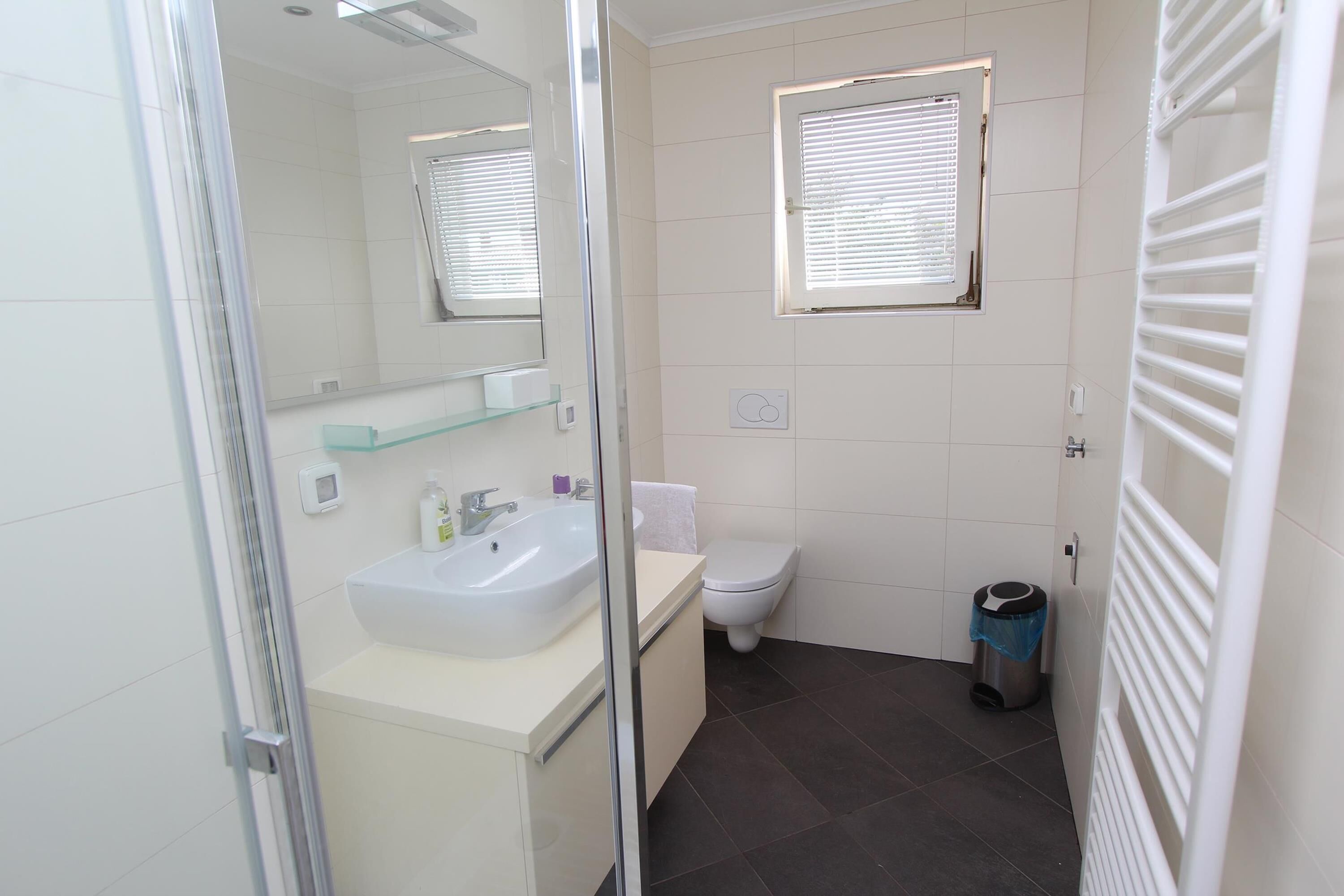 A modern bathroom with a glass shower enclosure, a white sink, a toilet, and a trash bin.