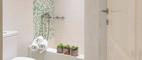 A bathroom with a toilet, a shower, and a bathtub.