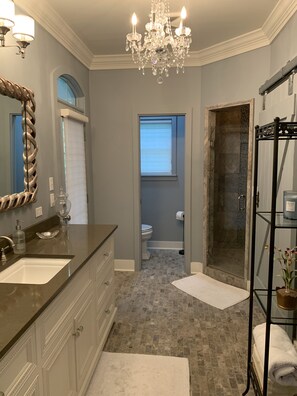 Regadera, secadora de cabello, toallas, jabón 