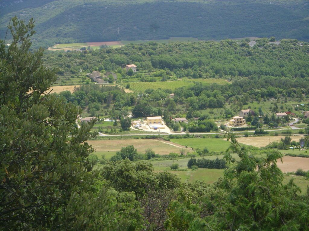 A rural landscape with scattered buildings, fields, and dense forested areas.