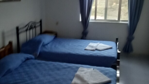 Una habitación con dos camas, una ventana con cortinas y un cuadro en la pared.