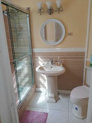 Een bad/douchecombinatie, zeep, toiletpapier