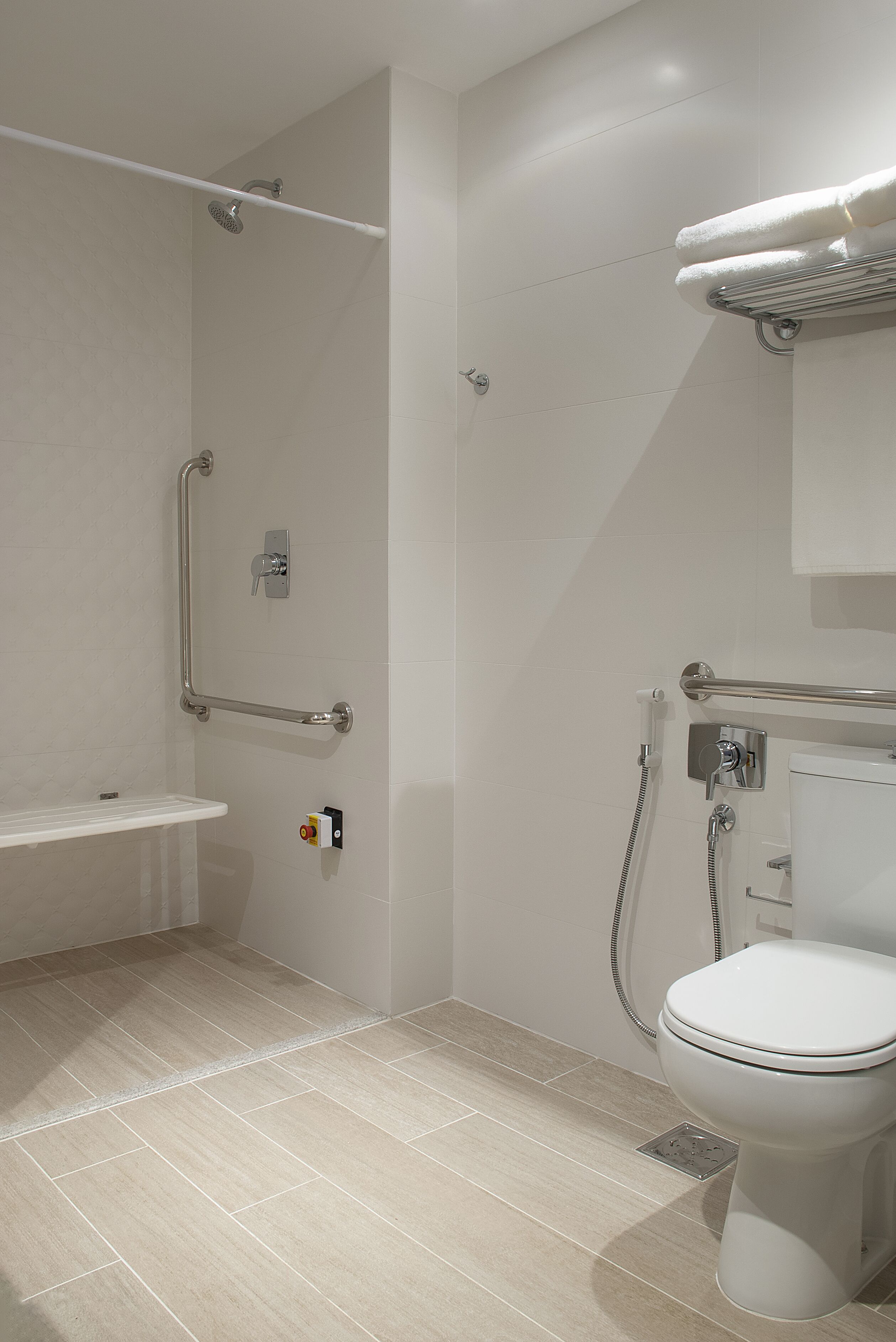 A modern bathroom with a shower, toilet, and grab bars.