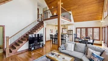 Smart TV, fireplace, DVD player, books