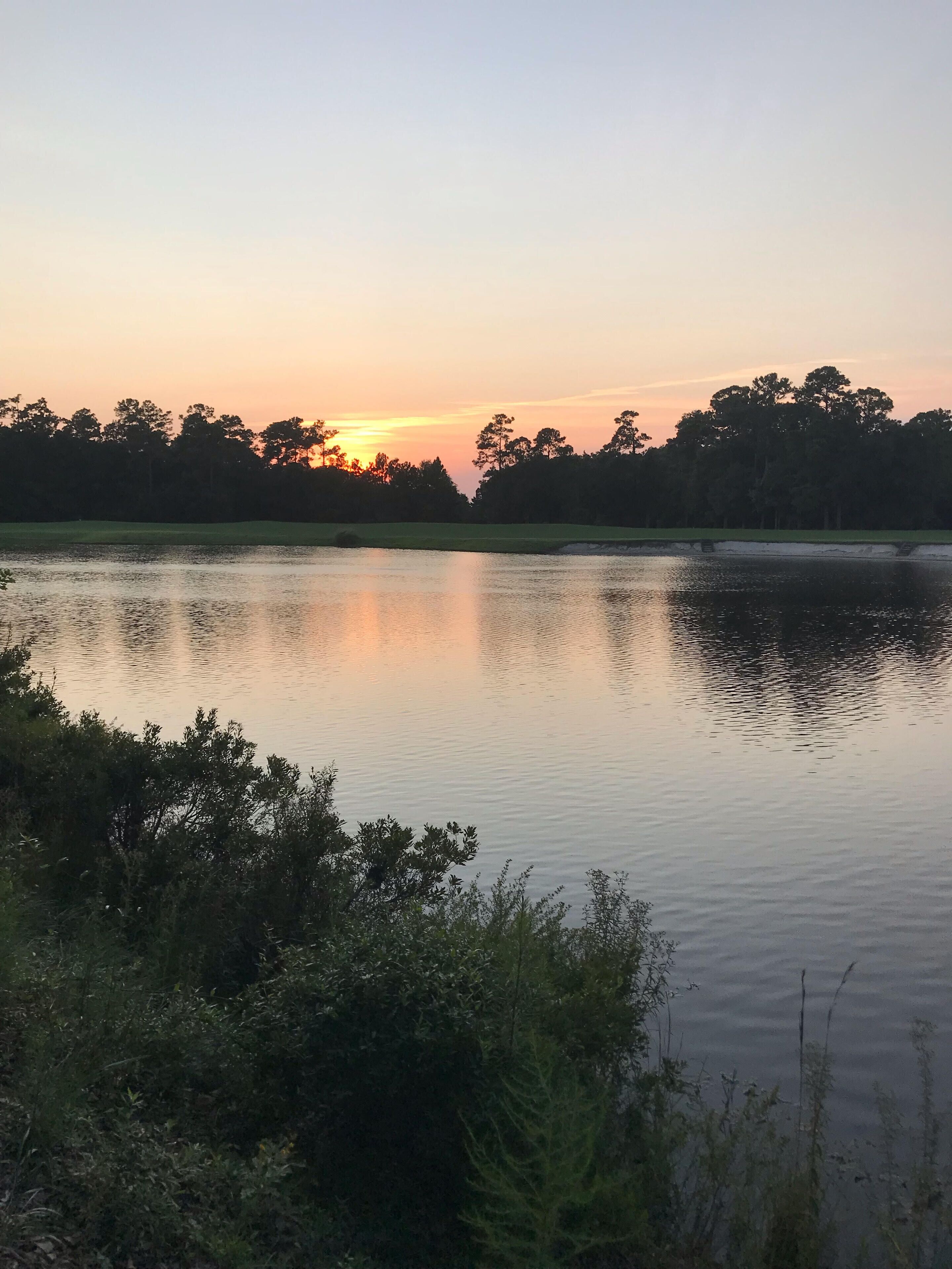 A calm lake at sunset with trees in the background.