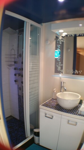Douche, sèche-cheveux, serviettes fournies, papier toilette
