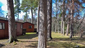 Une cabane dotée d’une terrasse, entourée de grands arbres et bordée d’une pelouse.