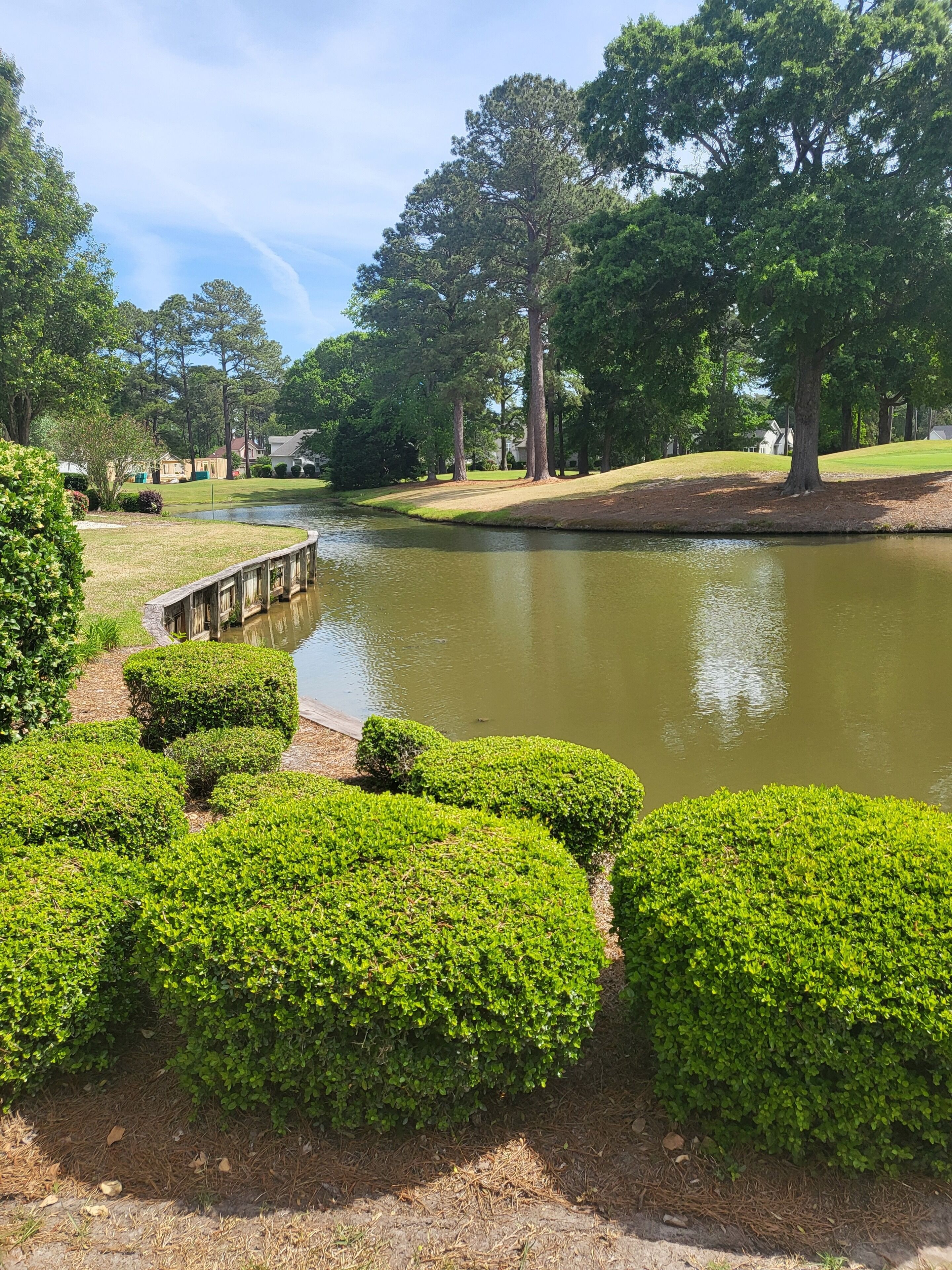 A serene park with a pond, neatly trimmed bushes, and a wooden bridge.