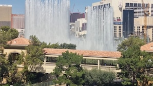 A cityscape with a large fountain in the foreground and various buildings in the background, including a casino.