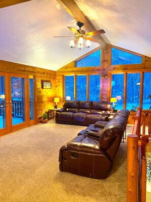 Smart TV, fireplace, books