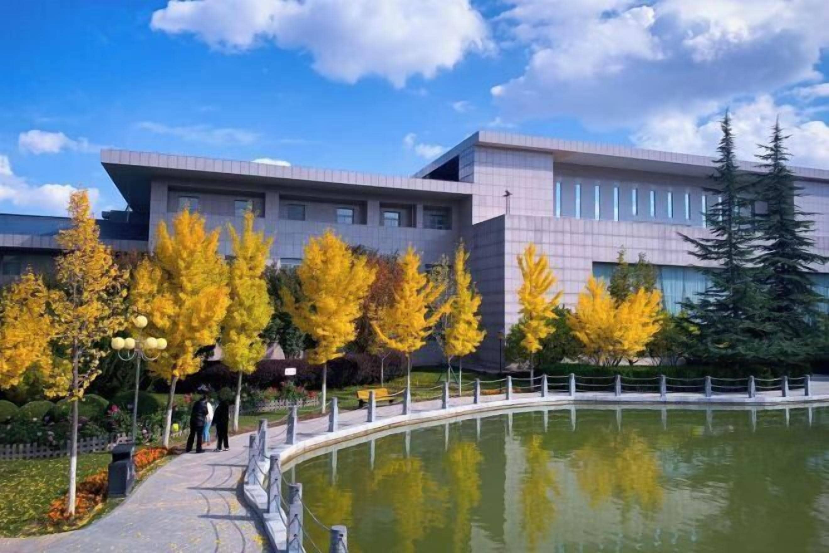 A modern building with a reflective pond in front.