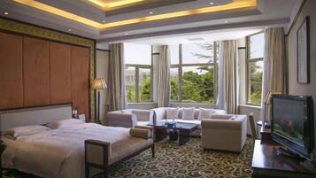Una habitación de hotel con cama, sofá, televisor y ventanas amplias con cortinas.