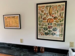 A food chart and a detailed illustration of vegetables and root vegetables on a wall.