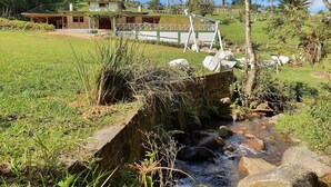 Un paysage rural avec un petit ruisseau, des zones herbeuses et, au loin, un bâtiment doté d’un toit en pente.