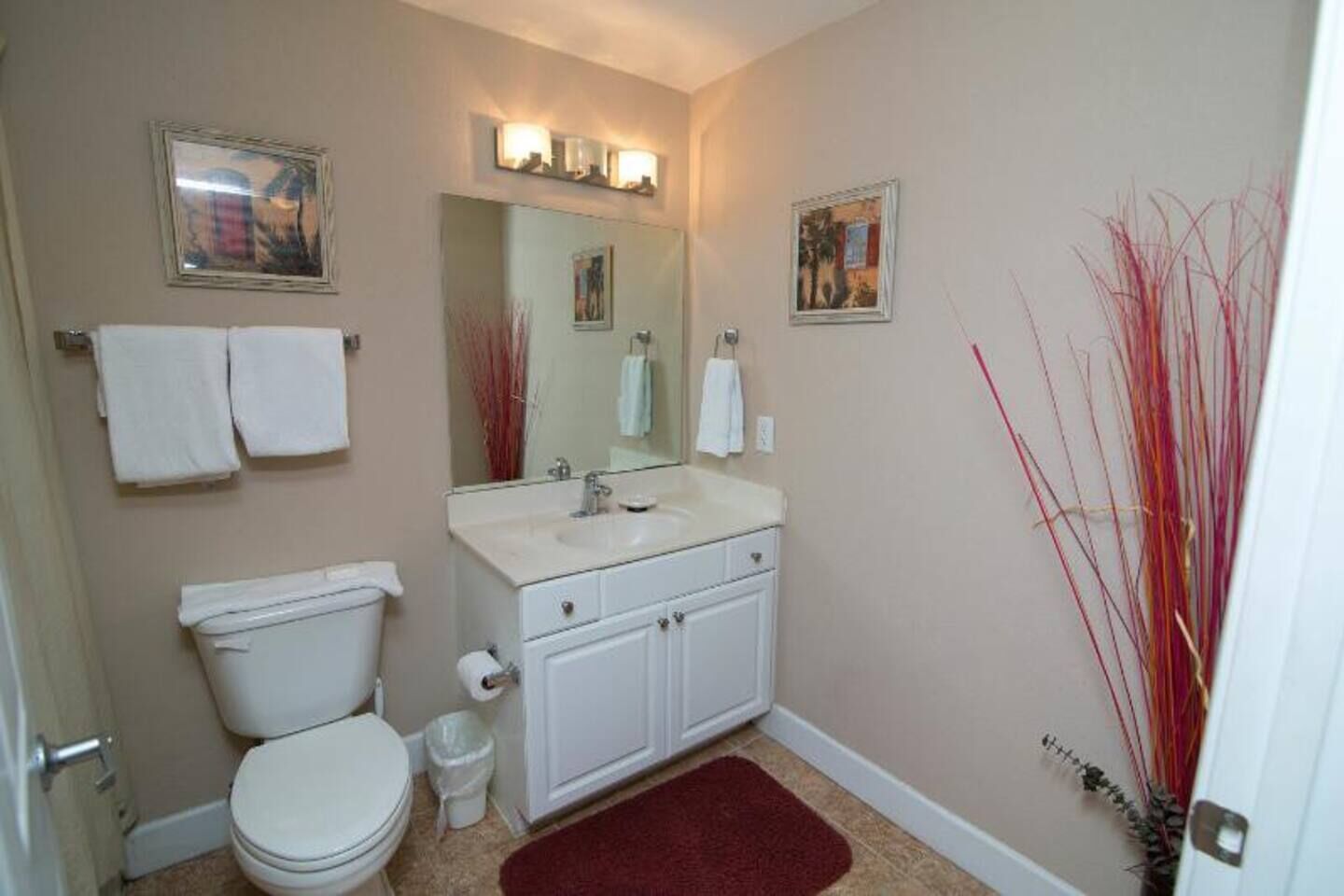 Un baño con inodoro, lavabo y espejo. Hay toallas colgadas en la pared y una alfombra roja en el suelo.