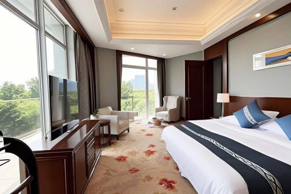 A hotel room with a large bed, a desk, a chair, a TV, and a view of greenery.