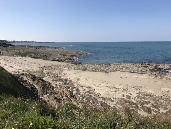 Een rotsachtig strand met uitzicht op zee en verre gebouwen.