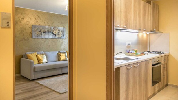 A modern kitchen with wooden cabinets, a built-in oven, and a stainless steel sink. - confortable accomodation in a safe area (București)