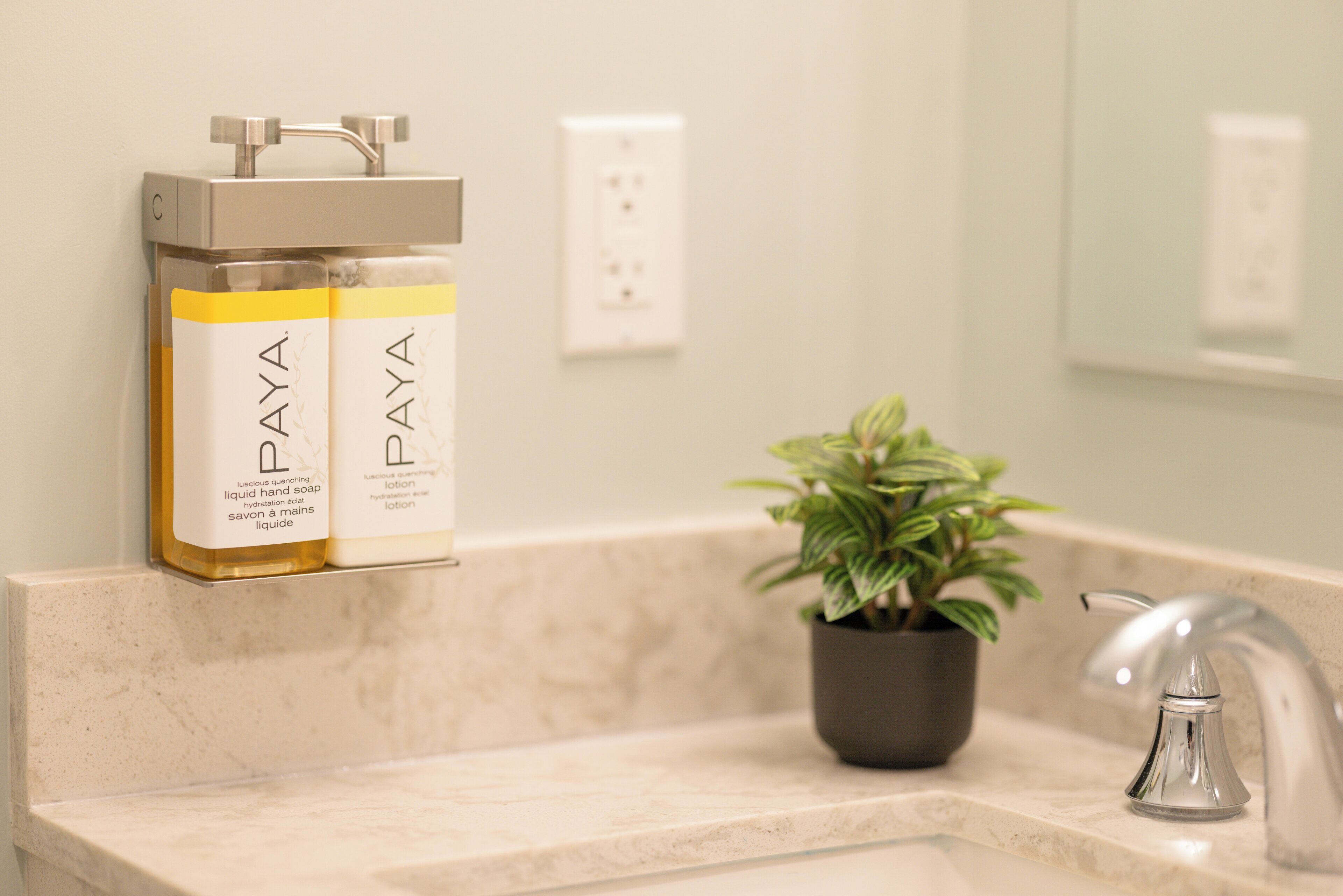 A bathroom with a marble countertop, a sink with a modern faucet, a potted plant, and two bottles of PAYA hand soap.
