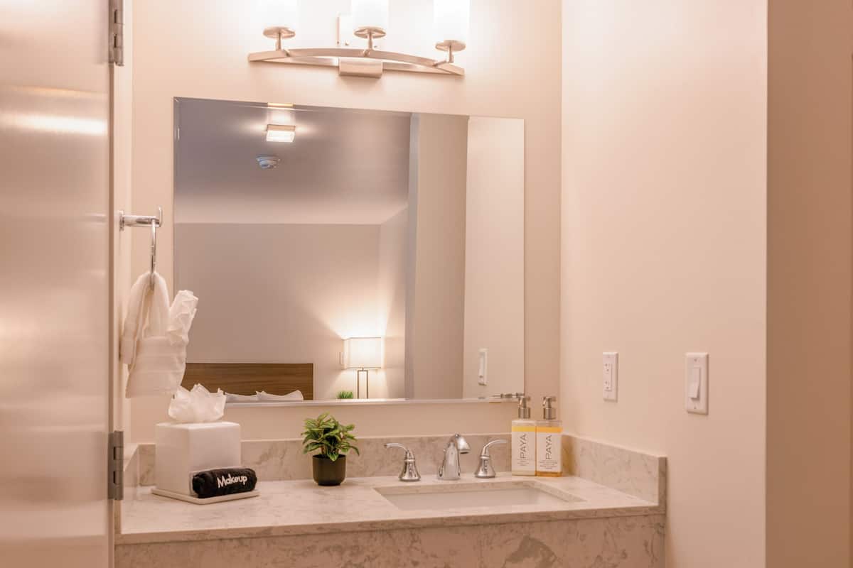 deluxe room, 1 queen bed | bathroom | hair dryer, towels, soap, shampoo