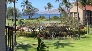 Ein Resort mit Pool, Palmen und Blick aufs Meer.