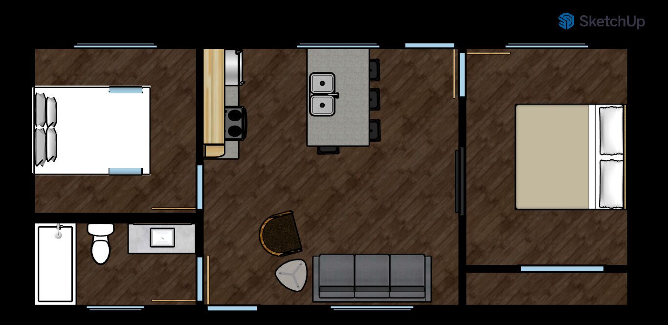 Un plan d’aménagement de chambre d’hôtel comprenant un lit, un bureau, une chaise, une petite table, un canapé, une salle de bain avec des toilettes et un lavabo, ainsi qu’un espace douche.