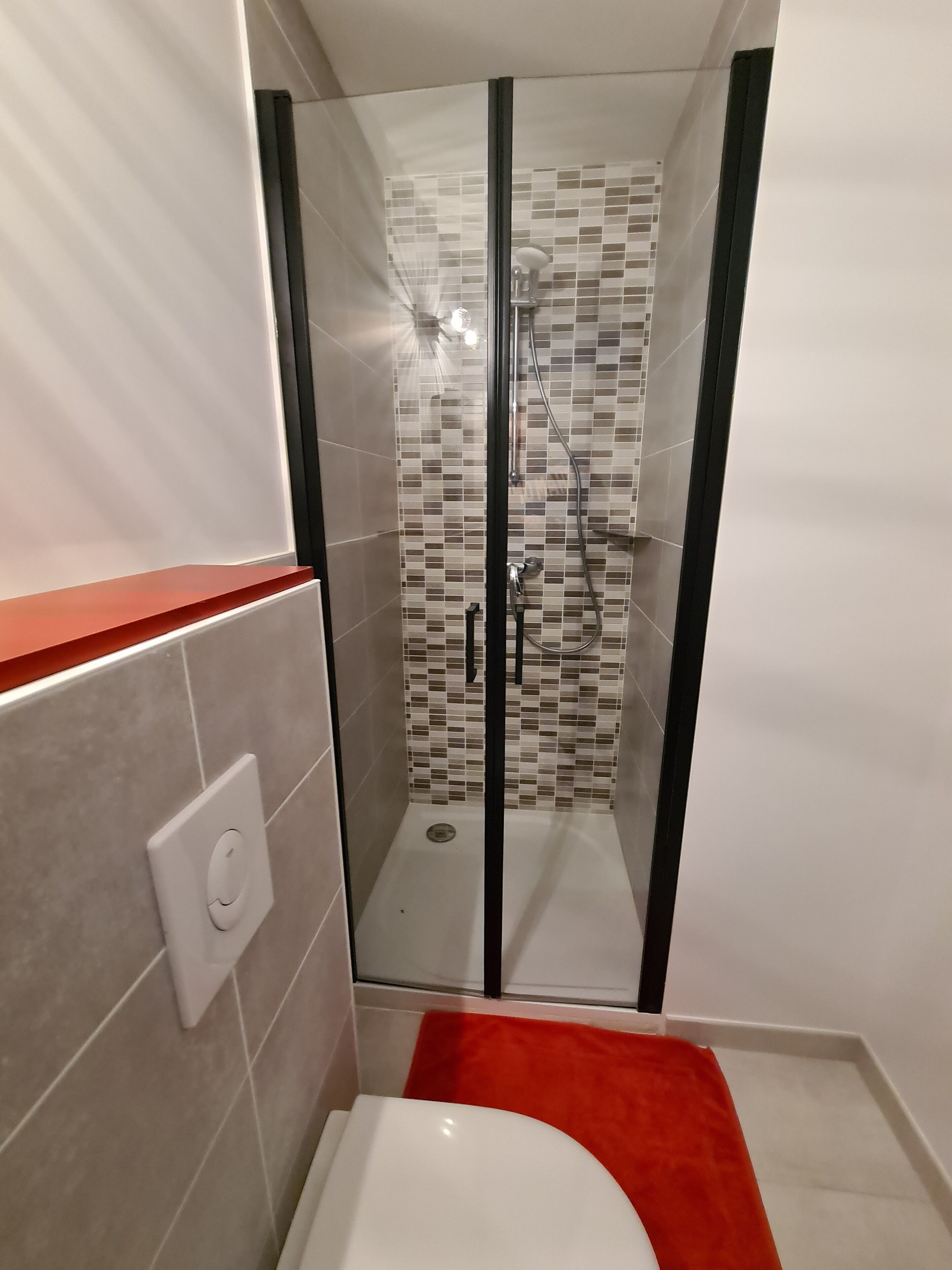 Douche, serviettes fournies, papier toilette