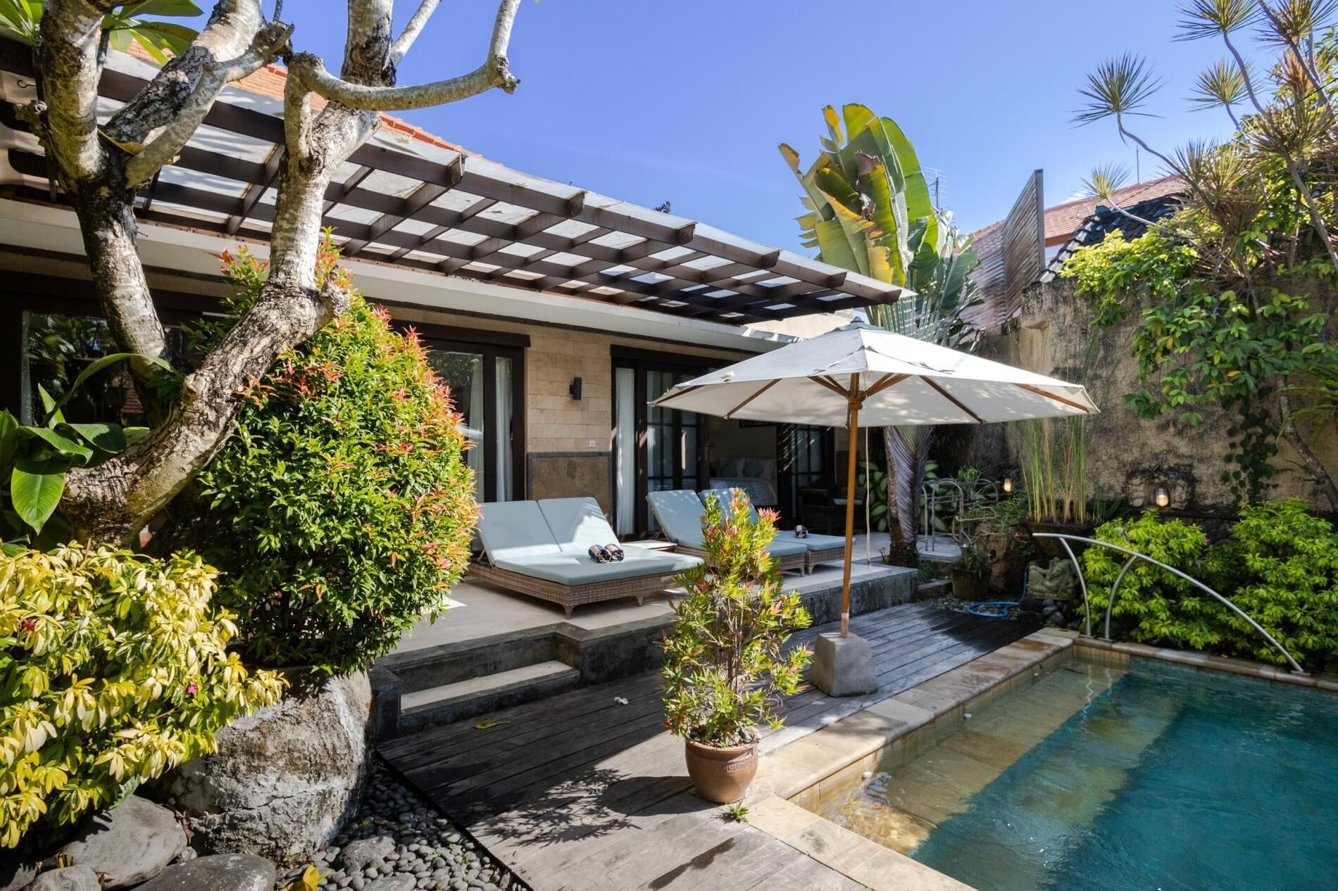 Un área de piscina moderna al aire libre con sillas de descanso, una pérgola y plantas tropicales.