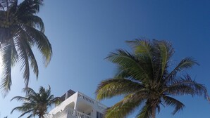 A two-story white building with balconies, surrounded by palm trees and sand. - Permit- Beachfront Apartment (6 guests), Level 1 (Xcalak)