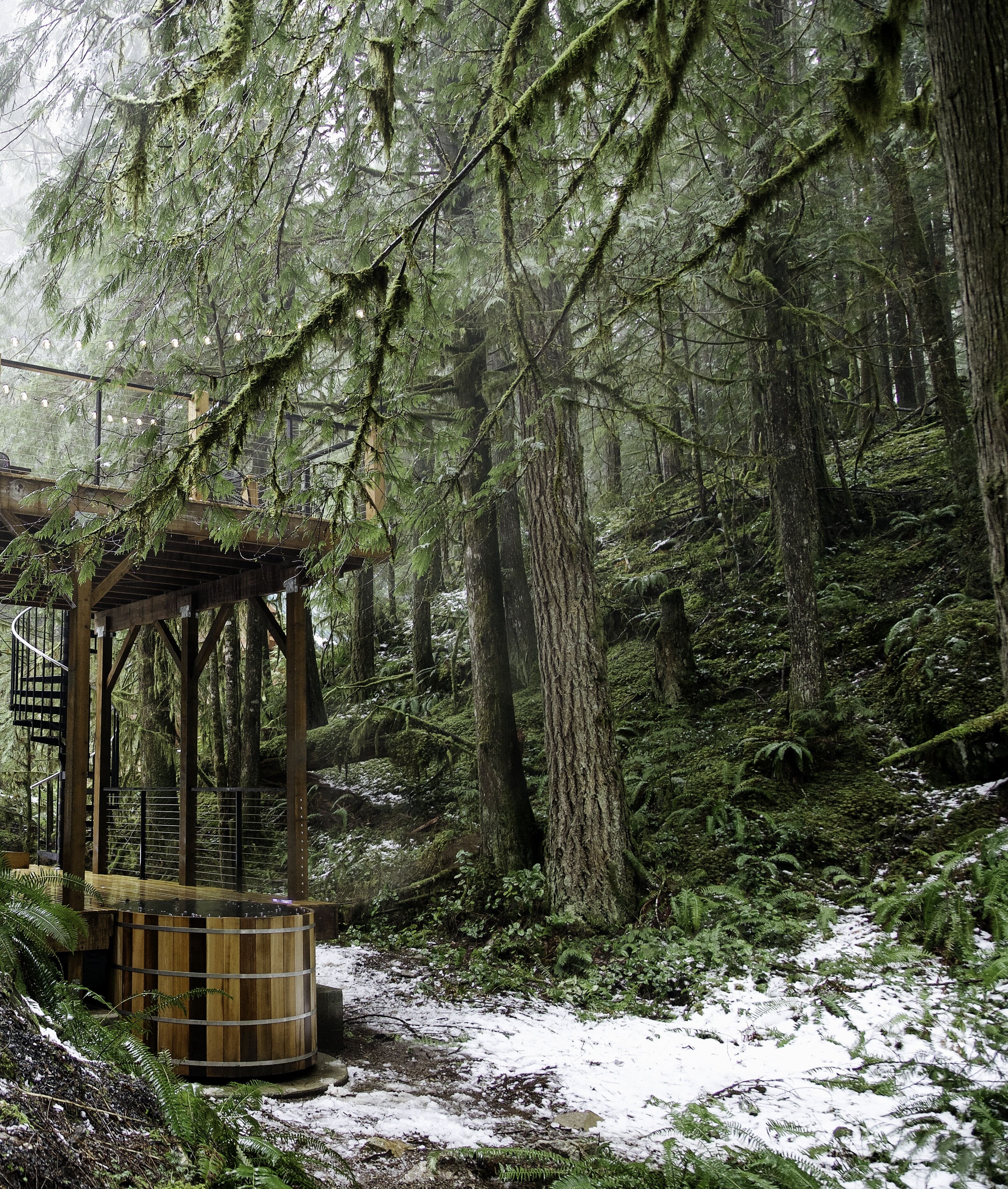 Un kiosque en bois avec une rambarde en métal, situé dans une zone boisée où la neige recouvre le sol.
