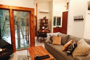 Smart-TV, Kamin, Bücher, Stereoanlage