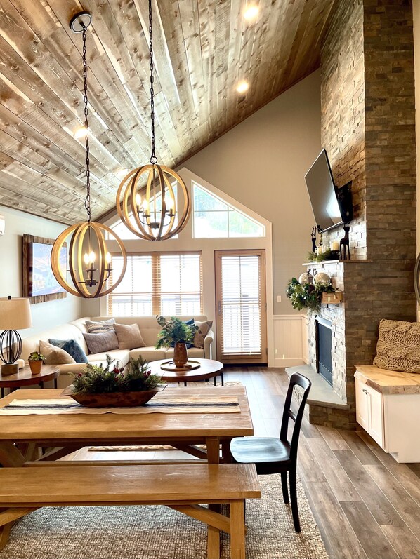 Smart TV, fireplace, books