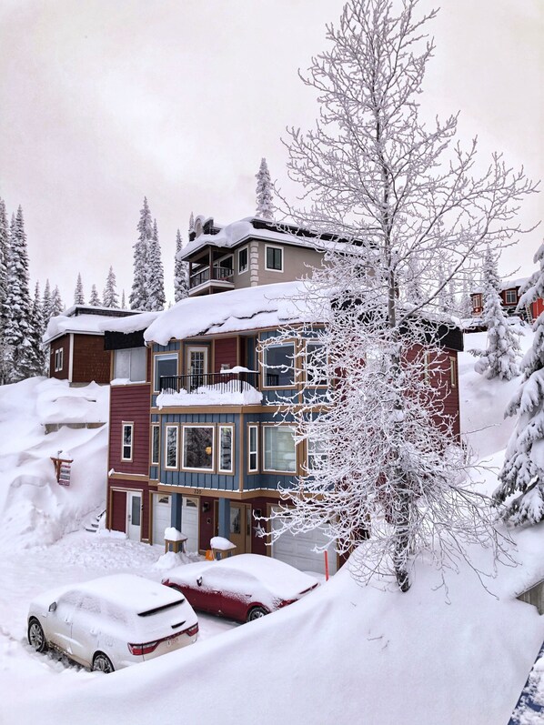 A multi-story building with a balcony, surrounded by snow-covered trees and parked cars.