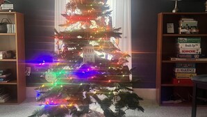 Árvore de Natal com luzes e enfeites em um quarto com estante e abajur.