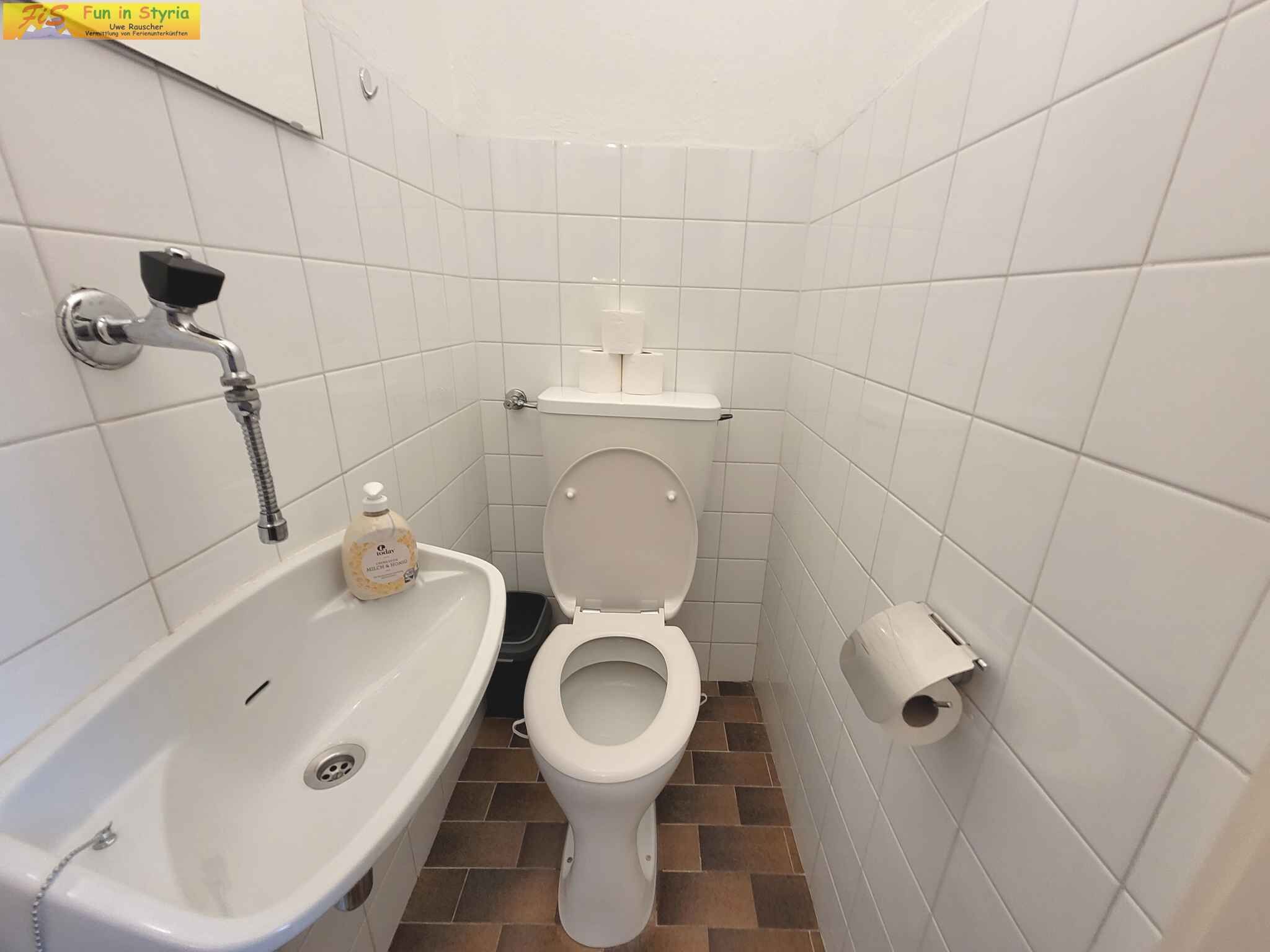 A small, clean bathroom with a white sink, toilet, and shower.