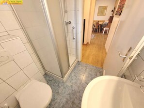 Une salle de bain avec douche, toilettes et baignoire.