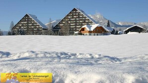 Un hotel amb una estructura de teulat simètrica i triangular, envoltat de muntanyes cobertes de neu.