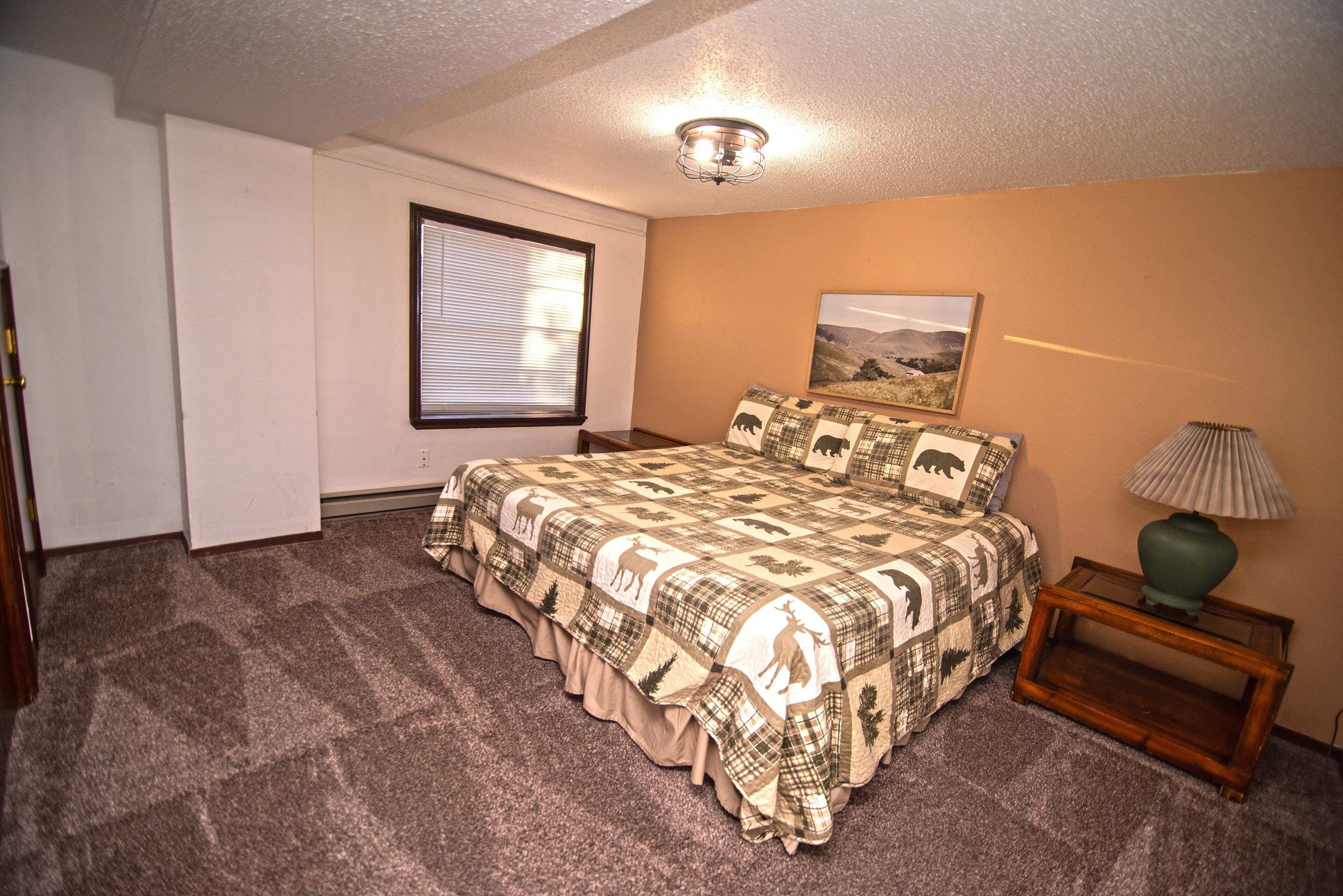 A bedroom with a large bed, a window with blinds, a lamp on a side table, and a ceiling light.