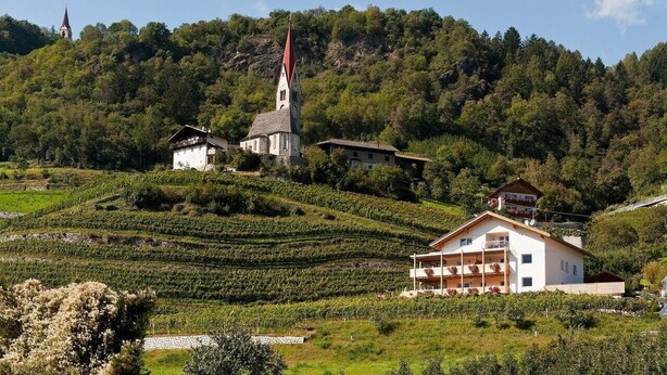 Un pueblo en la ladera con viñedos en terrazas, una iglesia y casas.