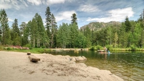 Ein sandiger Strand mit felsigem Ufer, ein ruhiger Fluss und ein dichter Wald im Hintergrund.