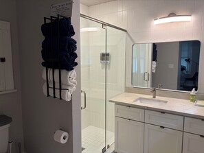 Hair dryer, towels, soap, toilet paper